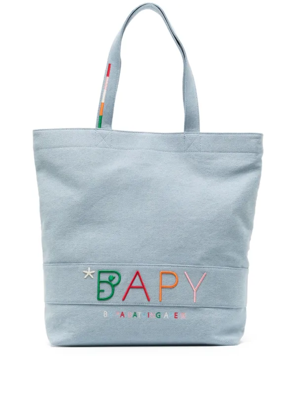 BAPE Logo Embroidered Cotton Tote Bag Blue