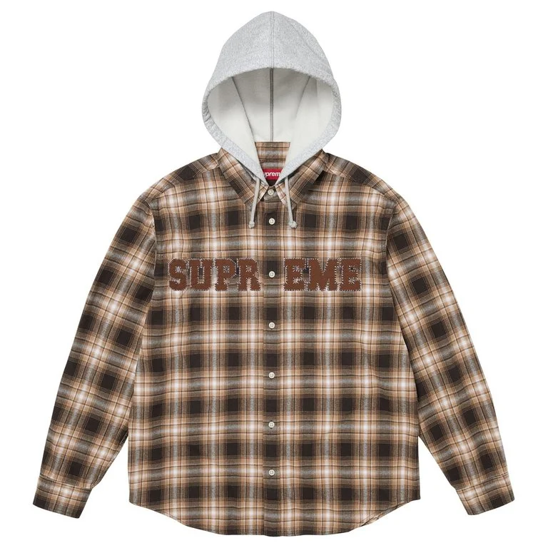 SUPREME Appliqué Hooded Flannel Shirt Brown